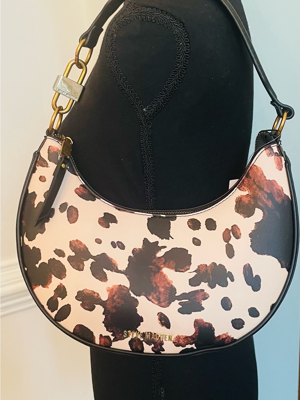 Steve Madden Crescent Shoulder Bag in Pink Leopard Print with Black Trim